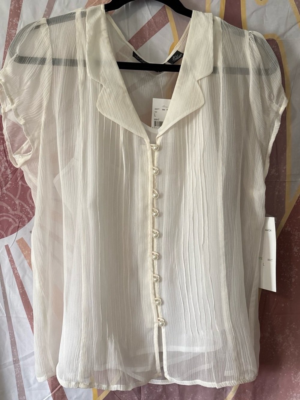 Sheer Ivory Button-Front Blouse with Notched Collar